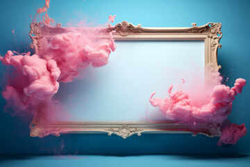 Wall Mural - Vintage frame on pastel blue background with abstract pink cloud shapes. Minimal border composition.