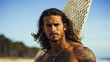 © wernerimages - portrait of handsome man with surfboard at the beach, ai generated