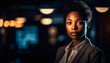 © Stockgiu - Young businesswoman standing in illuminated city, confident and elegant generated by AI