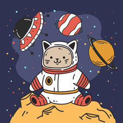 Wall Mural - Cat space cute astronaut animal on moon concept. Vector flat graphic design illustration
