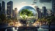 Capture a stunning image of a glass globe overlooking a bustling green energy marketplace, where vendors showcase innovative products and technologies