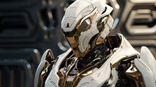 Close Up Of Futuristics War Machine Robot In White Silver And Gold Color In The Sci-fi Spaceship Factory And Laboratory Background