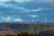 Contrasty sky and wind turbines that have some soft yellow sunlight