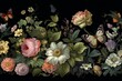 Elegant floral design with baroque and Victorian influences. Features a seamless pattern of garden flowers, butterflies, and floral decorations on a black background. Generative AI