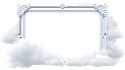 white picture frame floating on white clouds, isolated on transparent background, Generative AI