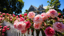 Idyllic Cottage With White Picket Fence, Nestled Among Vibrant Roses Under Serene Blue Sky, A Dream Home For Sale, Radiating Cozy And Inviting Curb Appeal.