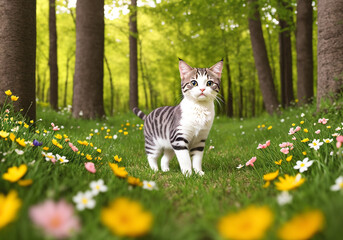 Cute cat sitting on green grass in the spring garden with flowers