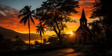 Serenely Atmospheric Jamaican Colonial-era Church Silhouette With Tall Steeple, Nestled In Lush Tropical Foliage - Moody Sky For An Evocatively Timeless Feel.