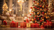 Cadeaux de Noël au pied du sapin, ambiance de fête avec des décorations, guirlandes et boules de Noël