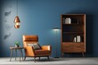 Contemporary lounge with leather chair, wooden cabinet, blue wall, and wood floor. 3D visualization. Generative AI