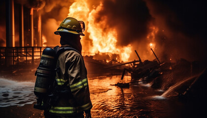 Wall Mural - Firefighters working outdoors in burning inferno, wearing protective workwear generated by AI