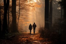 A Couple Walking On A Forest Road In An Autumn Morning