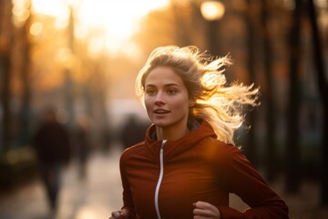 Wall Mural - young blonde woman running in a public park in autumn 