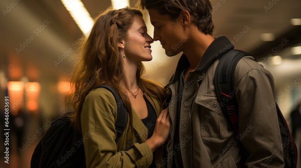 young couple saying goodbye at an airport about to travel in the ...