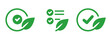 Check mark and green leaf leaves set icon symbol of eco friendly natural organic approval certification tag design