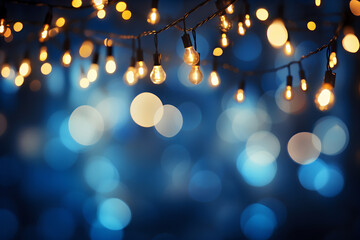 yellow / white holiday illumination and decoration concept - Christmas garland bokeh lights blue background