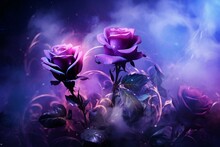 Beautiful Purple Roses Surrounded By A Fiery, Dreamlike Aura. Generative AI