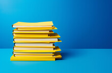 Stack Of Yellow Folders With Documents On A Blue Background. Documents Knowledge And Archiving. Generative AI