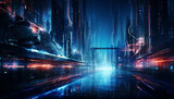 Fototapeta Sport - Futuristic city life with glowing skyscrapers and blurred motion traffic generated by AI