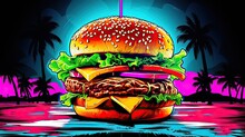 Burger, Fast Food Pop Art Collage Style Neon Bold Color