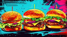 Burger, Fast Food Pop Art Collage Style Neon Bold Color