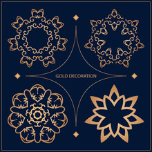 Set 4 Of Vector Ornamental Circle Pattern. Mandala. Round Gold Pattern Can Be Used For Motifs, Fabrics, Gift Wrapping, Templates, Plate, Tile. Vector.