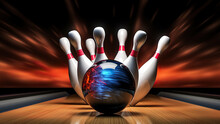 The Bowling Ball Is Ready To Be Hit. Image Of A Bowling Ball Hitting Pins And Exploding. 