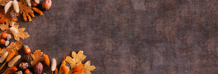 Colorful autumn leaves, nuts and grasses. Corner border over a rustic dark banner background. Above view with copy space.