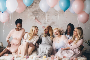 A group of joyful, diverse friends celebrates a bachelorette party at home with pink decorations, balloons, and laughter.