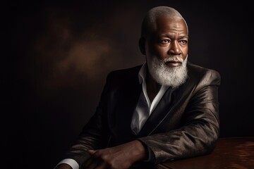 A stylish and confident senior black man with a grey beard stands alone, exuding modern charm and confidence.