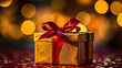 A dark golden Christmas present with red bow, abstract bokeh background