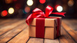 A cardboard paper, Christmas present with a red bow, brown wrapping paper, wrapped, on the old wooden floor, abstract fitkive bokeh, bright red