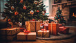 Christmas presents lie under the decorative Christmas tree on the living room table wooden table and around the small cute Christmas tree in the living room, indoor, home, gifts, Christmas morning
