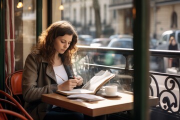 Wall Mural - Stylish woman in city cafe, reading book with coffee. Concept of modern lifestyle.