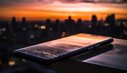 Wall Mural - City skyline illuminated by sunset, mobile technology connects urban lifestyles generated by AI