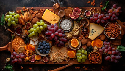 Wall Mural - A rustic gourmet snack cheese, bread, fruit, and wine generated by AI