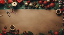 A Festive Craft Scene With Scissors, Ribbons, Beads, And Paper For Creating Holiday Cards On A Craft Mat.