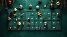 A DIY Advent Calendar Neatly Organized With Numbers And Small Ornaments On A Vibrant Green Surface.