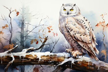 An Snowy Owl Standing On A Branch Drawn With Watercolor Isolated On Background