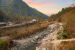 Railey river valley with scenic Himalaya mountain landscape at sunset at Kalimpong, West Bengal, India.