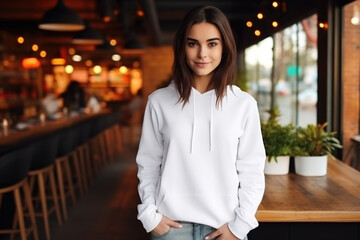 Wall Mural - Beautiful woman wearing white sweater and jeans, at cafe. Design sweater template, print presentation mockup