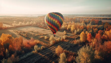 Multi Colored Hot Air Balloon Flying Over Autumn Landscape In Nature Generated By AI