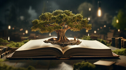 Canvas Print - book and tree with many pages of open book in open space. media concept