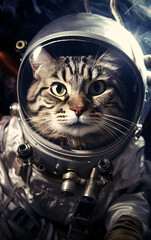 Wall Mural - Portrait of a cat in a spacesuit, an unusual journey of a cat astronaut in the universe concept