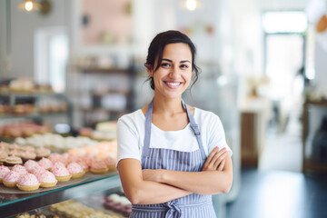 happy small pastry shop owner, smiling proudly at her store. cheerful female baker working at her sh