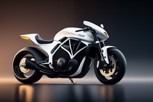Wide Shot 40mm Lens Photo, Of A Agressive Carbonfiber White Pearl And Black Leather Motorbike, 8k Resolution,hyper Realistic, Detailed Render, Extremely Complex, Bones, Fractal Wicker Fabric, Night Ci