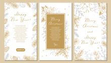 Set Of Merry Christmas And Happy New Year Vertical Greeting Cards With Hand Drawn Golden Botany Elements. Vector Illustration In Sketch Style. Festive Backgrounds. Social Media Stories Templates
