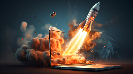 illustration of a rocket flying from the laptop screen