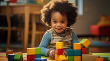 African American Child Playing With Colorful Block Toys