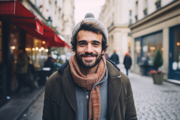 Wall Mural - Portrait of a young smiling man standing on the city street in Paris